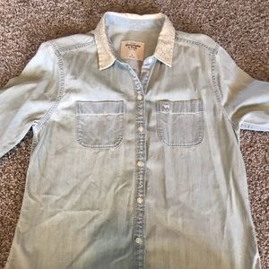 Denim button down - satin and lace collar.